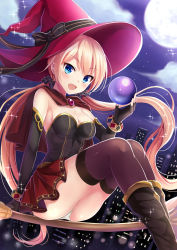 Rule 34 | 1girl, :d, bad id, bad pixiv id, black gloves, blonde hair, blue eyes, blush, bow, breasts, broom, broom riding, brown thighhighs, capelet, cloud, elbow gloves, fingerless gloves, full moon, gloves, harimoji, hat, hat bow, highres, long hair, looking at viewer, low twintails, moon, night, night sky, open mouth, orb, original, panties, pantyshot, sidesaddle, sitting, skirt, sky, smile, solo, sparkle, thighhighs, twintails, underwear, very long hair, witch hat