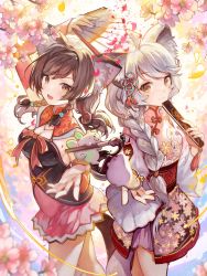 Rule 34 | 2girls, animal ears, blush, braid, breasts, brown eyes, brown hair, cherry blossoms, chinese clothes, cloud horizon, highres, large breasts, lily linglan, long hair, looking at viewer, margaret (vtuber), mole, mole under eye, multiple girls, sibyl, tail, virtual youtuber, white hair, wolf ears, wolf girl, wolf tail, yellow eyes
