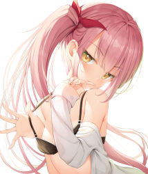 Rule 34 | 1girl, absurdres, bare shoulders, black bra, blush, bra, breasts, brown eyes, closed mouth, commentary request, hair ribbon, highres, long hair, long sleeves, looking at viewer, nail polish, off shoulder, original, pink hair, pink nails, red ribbon, ribbon, seductive smile, shinigami (tukiyomiikuto), side ponytail, simple background, sleeves past wrists, small breasts, smile, solo, strap lift, underwear, upper body, very long hair, white background