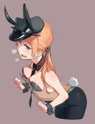 Rule 34 | 10s, 1girl, anchor hair ornament, animal ears, bad id, bad pixiv id, between breasts, black necktie, black pantyhose, blush, grabbing another&#039;s breast, breasts, cleavage, cowboy shot, fake animal ears, grabbing, grabbing from behind, green eyes, hair ornament, hat, highres, kantai collection, kylin, leotard, long hair, medium breasts, necktie, necktie between breasts, open mouth, orange hair, pantyhose, peaked cap, playboy bunny, prinz eugen (kancolle), rabbit ears, rabbit tail, saliva, solo focus, sweatdrop, tail, tears, teeth, twintails, wrist cuffs