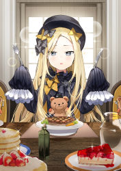 Rule 34 | 1girl, abigail williams (fate), bad id, bad pixiv id, black bow, black dress, black hat, blonde hair, blue eyes, blush, bow, cake, cake slice, chair, commentary request, day, dress, fate/grand order, fate (series), food, forehead, fork, fruit, hair bow, hands up, hat, highres, holding, holding fork, holding knife, indoors, knife, long hair, long sleeves, mini hat, multiple hair bows, on chair, orange bow, pancake, pancake stack, parted bangs, parted lips, polka dot, polka dot bow, popuru, sitting, sleeves past fingers, sleeves past wrists, solo, sparkle, steak, strawberry, stuffed animal, stuffed toy, sunlight, table, teddy bear, very long hair, window
