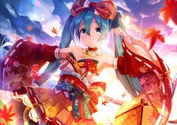 Rule 34 | 1girl, :o, absurdres, autumn leaves, back bow, bad id, bad pixiv id, bare shoulders, bell, blue hair, blue sky, blurry, blurry background, blush, bow, breasts, bug, butterfly, checkered clothes, checkered skirt, cloud, cloudy sky, collarbone, commentary request, day, depth of field, detached sleeves, floral print, goroo (eneosu), green eyes, hair between eyes, hair bow, hatsune miku, highres, insect, jingle bell, leaf, long hair, long sleeves, looking at viewer, maple leaf, obi, orange skirt, outdoors, parted lips, pleated skirt, print sleeves, red bow, ribbon-trimmed skirt, ribbon-trimmed sleeves, ribbon trim, sash, skirt, sky, sleeves past wrists, small breasts, solo, strapless, twintails, very long hair, vocaloid, wide sleeves