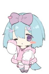 Rule 34 | 1girl, :&lt;, animal ears, blouse, blue hair, blush stickers, borrowed character, bow, chibi, closed mouth, dog ears, dog girl, dog tail, full body, hair between eyes, hair ornament, hairpin, hand up, headband, jacket, lapithai, looking at viewer, lowres, medium hair, one eye closed, original, pale skin, pink footwear, pink jacket, pink socks, purple bow, purple eyes, shirt, simple background, sleeves past fingers, sleeves past wrists, socks, solo, standing, striped clothes, striped socks, tail, thighhighs, transparent background, white jacket, white socks, white thighhighs