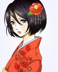 Rule 34 | black eyes, flower, hair flower, hair ornament, japanese clothes, kimono, liruty, mikasa ackerman, shingeki no kyojin, short hair, solo