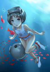 Rule 34 | 10s, 1girl, absurdres, aoi (buzhuen444), aqua eyes, black hair, child, diving mask, diving mask on head, female focus, fish, goggles, goggles on head, highres, kantai collection, maru-yu (kancolle), ocean, one-piece swimsuit, open mouth, school swimsuit, short hair, solo, swimsuit, white one-piece swimsuit, white school swimsuit