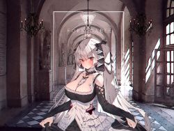 Rule 34 | + +, azur lane, text background, bare shoulders, between breasts, black bow, black dress, black nails, black ribbon, black sleeves, blunt bangs, blush, bow, breasts, bridal gauntlets, chandelier, character name, checkered floor, choker, cleavage, closed mouth, clothes lift, collarbone, commentary request, door, dress, dress lift, earrings, expressionless, eyebrows, floor, formidable (azur lane), frilled choker, frilled dress, frills, from side, gothic lolita, hair bow, hair ornament, hair ribbon, hallway, head tilt, highres, indoors, jewelry, large breasts, light rays, lolita fashion, long hair, looking at viewer, nail polish, no bra, platinum blonde hair, red eyes, ribbon, sidelocks, sleeves past wrists, solo, soukou makura, standing, statue, sunlight, tagme, twintails, two-tone dress, two-tone ribbon, very long hair, very long sleeves, white dress, white ribbon, window