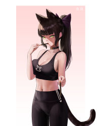 Rule 34 | 1girl, absurdres, animal ears, black bra, black choker, black hair, black leggings, blunt bangs, bow, bra, breasts, cat ears, cat girl, cat tail, chocolate, choker, cleavage, collarbone, cowboy shot, dated, dot nose, eating, extra ears, fieryonion, food, gradient background, green eyes, hair bow, highres, holding, holding food, large breasts, leggings, lipstick, long hair, looking at viewer, makeup, midriff, multicolored eyes, nail polish, navel, original, pink background, pocky, ponytail, purple bow, sidelocks, simple background, solo, standing, tail, underwear, white nails, yellow eyes