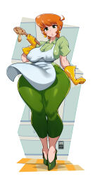 Rule 34 | 1girl, apron, arms at sides, bayeuxman, black eyes, breasts, cartoon network, curvy, dexter&#039;s laboratory, dexter&#039;s mom, earrings, female focus, full body, gloves, green pants, high heels, highres, jewelry, large breasts, legs, lips, looking at viewer, mature female, orange hair, pants, short hair, simple background, solo, standing, thick thighs, thighs, wide hips, yellow gloves