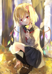 Rule 34 | 1girl, alternate costume, autumn, autumn leaves, beige sweater, black skirt, black socks, blonde hair, blurry, blurry background, blush, bow, brown footwear, commentary request, crystal, fang, flandre scarlet, flat chest, hair between eyes, hair bow, hand up, highres, holding, holding leaf, kneehighs, leaf, light smile, long sleeves, looking at object, looking down, neckerchief, no headwear, one side up, outdoors, parted lips, red bow, red eyes, red neckerchief, sailor collar, short hair, skirt, socks, solo, squatting, touhou, tree, wings, yurara (aroma42enola)