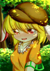 Rule 34 | 1girl, absurdres, animal ears, blonde hair, blush, rabbit ears, dappled sunlight, dior-zi, flat cap, floppy ears, forest, full-face blush, hat, highres, looking at viewer, nature, open mouth, orange shirt, red eyes, ringo (touhou), shirt, short hair, short sleeves, solo, sunlight, touhou, upper body