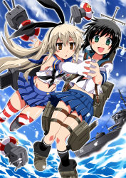 Rule 34 | 10s, 2girls, anchor, black eyes, black panties, blonde hair, blouse, brown hair, cannon, destroyer, elbow gloves, flat chest, fubuki (destroyer), fubuki (kancolle), gloves, hairband, highleg, highleg panties, historical name connection, holding hands, interlocked fingers, kantai collection, long hair, military, military vehicle, multiple girls, name connection, open mouth, outline, panties, pleated skirt, ponytail, rensouhou-chan, sailor collar, school uniform, serafuku, shimakaze (kancolle), ship, shirt, short hair, skirt, smile, striped clothes, striped legwear, striped thighhighs, thigh strap, thighhighs, torpedo, train 90, turret, underwear, warship, watercraft, white gloves