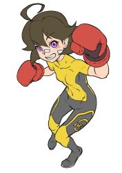 Rule 34 | 1girl, 2018, ahoge, arms (game), bandaid, bandaid on face, bandaid on nose, bodysuit, boxing gloves, breasts, brown hair, collarbone, covered navel, from above, hip bones, jumpsuit, mechanica (arms), navel, nintendo, petite, purple eyes, short hair, sjw kazuya, skin tight, skindentation, small breasts, smile, solo, white background