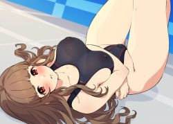 Rule 34 | 1girl, black one-piece swimsuit, breasts, brown hair, character name, collarbone, competition swimsuit, covered erect nipples, crossed arms, dutch angle, groin, highleg, highleg swimsuit, idolmaster, idolmaster cinderella girls, kamiya nao, large breasts, long hair, looking at viewer, lying, mizuki makoto, one-piece swimsuit, red eyes, solo, swimsuit