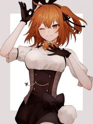 Rule 34 | 1girl, animal ears, arm up, black gloves, black ribbon, black skirt, blush, bow, bowtie, breasts, buttons, closed mouth, collar, corset, cowboy shot, cowlick, double-breasted, fake animal ears, fate/grand order, fate (series), frilled collar, frilled shirt, frills, fujimaru ritsuka (female), gloves, hair between eyes, hair ribbon, hairband, hand on own chest, highres, inset border, one eye closed, one side up, orange bow, orange bowtie, orange eyes, orange hair, pom pom (clothes), rabbit ears, ribbon, shirt, short hair, short sleeves, skirt, solo, sumi (gfgf 045), underbust, white shirt