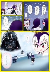 Rule 34 | 10s, 1boy, 4girls, comic, commentary, crossover, darth vader, emperor penguin (kemono friends), fuji takanasu, gentoo penguin (kemono friends), headphones, highres, kemono friends, long hair, multicolored hair, multiple girls, penguin tail, purple hair, rockhopper penguin (kemono friends), royal penguin (kemono friends), snowing, star wars, tail, translation request, twintails, white hair