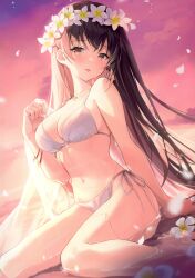 Rule 34 | 1girl, :p, absurdres, ass, back, bangle, bare shoulders, bikini, bracelet, breasts, brown eyes, brown hair, cleavage, collarbone, flower, flower wreath, from behind, hair flower, hair ornament, highres, jewelry, kagachi saku, long hair, looking at viewer, medium breasts, navel, non-web source, open mouth, original, partially submerged, petals, sarong, see-through, see-through sarong, side-tie bikini bottom, smile, solo, sunset, swimsuit, thighs, tongue, tongue out, water, wet, white bikini, white flower