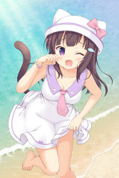 Rule 34 | 1girl, ;d, animal ears, animal hat, animal print, barefoot, beach, blush, bow, bracelet, breasts, brown hair, cat ears, cat hat, cat print, cat tail, cleavage, collar, collarbone, collared dress, commentary request, day, dress, fang, fish hair ornament, hair ornament, hat, hat bow, jewelry, kaiware-san, large breasts, leaning to the side, long hair, looking at viewer, necktie, ocean, one eye closed, open mouth, original, outdoors, paw pose, pink bow, pink necktie, purple collar, purple eyes, skirt hold, smile, solo, standing, standing on one leg, sundress, tail, wet, white dress, x x