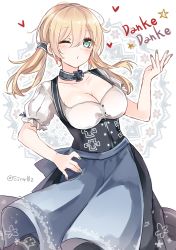 Rule 34 | 10s, 1girl, alternate costume, anchor hair ornament, apron, blonde hair, blowing kiss, blue apron, blush, breasts, choker, cleavage, collarbone, dirndl, female focus, german clothes, german text, green eyes, hair ornament, hair tubes, hand on own hip, hat, heart, kantai collection, large breasts, long hair, looking at viewer, low twintails, one eye closed, prinz eugen (kancolle), puffy short sleeves, puffy sleeves, shijima (sjmr02), short sleeves, solo, translated, twintails, twitter username, underbust, waist apron