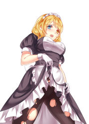 Rule 34 | 1girl, apron, blonde hair, blue eyes, blush, clothes lift, gloves, heterochromia, luoye, maid, maid apron, maid headdress, pantyhose, renown (warship girls r), skirt, skirt lift, solo, thighs, torn clothes, torn pantyhose, warship girls r, yellow eyes