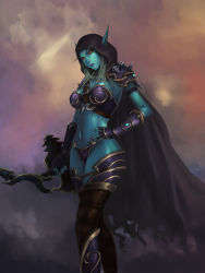 Rule 34 | 1girl, armor, bikini, bikini armor, blue skin, boots, bow (weapon), breasts, cape, cloud.k, colored skin, curvy, elf, gauntlets, green hair, highres, hood, navel, pauldrons, pointy ears, red eyes, shoulder armor, solo, swimsuit, sylvanas windrunner, thigh boots, thighhighs, undead, warcraft, weapon, world of warcraft