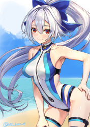 Rule 34 | 1girl, beach, blue bow, blue one-piece swimsuit, blue sky, blush, bow, breasts, commentary request, competition swimsuit, day, fate/grand order, fate (series), hair between eyes, hair bow, highleg, highleg swimsuit, highres, large breasts, long hair, looking at viewer, ninnin (shishitou), one-piece swimsuit, outdoors, ponytail, red eyes, shore, silver hair, sky, smile, swimsuit, thigh strap, thighs, tomoe gozen (fate), tomoe gozen (swimsuit saber) (fate), tomoe gozen (swimsuit saber) (first ascension) (fate), two-tone swimsuit, white one-piece swimsuit