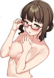 Rule 34 | 1girl, adjusting eyewear, bare arms, blush, breasts, brown eyes, brown hair, cleavage, collarbone, commission, completely nude, covering breasts, covering privates, cropped torso, eyelashes, fingernails, glasses, hair bun, hands up, highres, large breasts, looking at viewer, medium hair, minamoto chiaki, nipple slip, nipples, noble works, nude, open mouth, red-framed eyewear, semi-rimless eyewear, shiny skin, shy, simple background, single hair bun, solo, textless version, tft (tft7822), upper body, white background