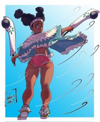 Rule 34 | 1girl, artist name, ass, black hair, blue background, boots, border, braid, brown footwear, dark-skinned female, dark skin, dated, freckles, from behind, full body, gradient background, highres, holding, holding weapon, lily hawk, lips, looking back, lukex8, midriff, pink shorts, poncho, short shorts, shorts, simple background, solo, standing, street fighter, street fighter 6, twin braids, weapon, white border