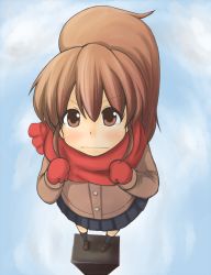 Rule 34 | 1girl, bad id, bad pixiv id, blush, brown eyes, brown hair, female focus, foreshortening, from above, frown, full body, gloves, koa, outdoors, ponytail, scarf, skirt, sky, solo, standing, taneshima popura, tears, working!!