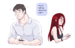 Rule 34 | 1boy, 1girl, alternate costume, arm hair, bare shoulders, blush, breasts, brown hair, chat log, cleavage, collarbone, collared shirt, cropped torso, dress shirt, garen (league of legends), highres, holding, holding phone, katarina (league of legends), league of legends, muscular, muscular male, phone, red hair, shinaa (maddynshinaa), shirt, short hair, small breasts, sparkle, white shirt