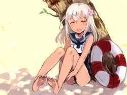 Rule 34 | 10s, 1girl, ^ ^, barefoot, blush, closed eyes, feet, flower, hair flower, hair ornament, kantai collection, long hair, open mouth, ro-500 (kancolle), school uniform, simple background, sitting, solo, swimsuit, swimsuit under clothes, tan (tangent), white hair