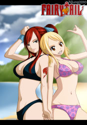 Rule 34 | 2girls, bikini, breasts, cleavage, erza scarlet, fairy tail, highres, lucy heartfilia, multiple girls, smile, swimsuit, vector trace