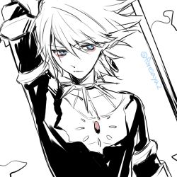 Rule 34 | 1boy, bishounen, blue eyes, center opening, collar, fate/apocrypha, fate/grand order, fate (series), gem, kan&#039;yu (citron 82), karna (fate), looking at viewer, lowres, male focus, polearm, short hair, solo, spear, spiked collar, spikes, spot color, twitter username, upper body, weapon, white background, white hair