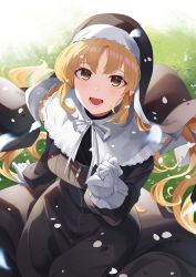 Rule 34 | 1girl, :d, absurdres, black dress, blonde hair, brown eyes, capelet, day, dress, gloves, highres, kaguya (srx61800), long hair, long sleeves, looking at viewer, neck ribbon, nijisanji, nun, open mouth, outdoors, ribbon, sister claire, sister claire (1st costume), smile, solo, traditional nun, veil, very long hair, virtual youtuber, white capelet, white gloves, white ribbon
