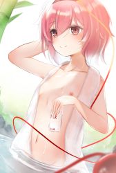 Rule 34 | 1girl, absurdres, blurry, blush, bottle, breasts, depth of field, dutch angle, eyeball, highres, holding, holding bottle, ke-ta (style), komeiji satori, nipples, nude, partially submerged, pink eyes, pink hair, ri-el, small breasts, smile, solo, third eye, touhou, water