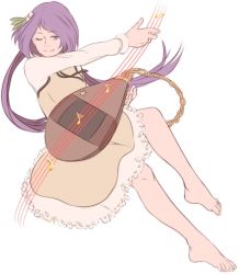 Rule 34 | 1girl, barefoot, biwa lute, brown dress, chain, dress, feet, full body, hair ornament, instrument, leaf hair ornament, long hair, low twintails, lute (instrument), mefomefo, musical note, one eye closed, purple eyes, purple hair, quaver, simple background, smile, solo, touhou, tsukumo benben, twintails, white background