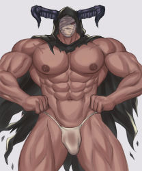 Rule 34 | 1boy, abs, absurdres, bandages, bara, bulge, cape, cowboy shot, draph, granblue fantasy, hands on own hips, highres, k sen212, large pectorals, loincloth, looking at viewer, male focus, manly, muscular, navel, nipples, one eye covered, pectorals, see-through, simple background, solo, thick thighs, thighs, torn cape, torn clothes, underwear, underwear only, vaseraga