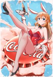 Rule 34 | 1girl, absurdres, ass, black bow, black bowtie, blush, bow, bowtie, breasts, charlotte e. yeager, cleavage, closed mouth, coca-cola, fishnet pantyhose, fishnets, high heels, highres, hiroshi (hunter-of-kct), large breasts, leg up, leotard, long hair, looking at viewer, orange hair, pantyhose, playboy bunny, rabbit ears, rabbit tail, red leotard, smile, solo, strike witches, world witches series