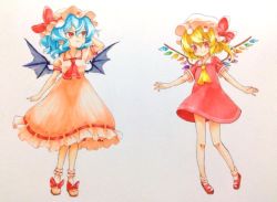 Rule 34 | 2girls, adapted costume, arm up, ascot, bad id, bad pixiv id, bare legs, bat wings, black wings, blonde hair, blue hair, bobby socks, bow, dress, flandre scarlet, footwear bow, hat, hat bow, looking at viewer, multiple girls, one side up, pink dress, pink footwear, pink hat, puffy short sleeves, puffy sleeves, red ascot, red bow, red dress, red eyes, remilia scarlet, ribbon-trimmed dress, sailor dress, shoes, short dress, short hair, short sleeves, siblings, sisters, smile, socks, subi, touhou, traditional media, wavy hair, white hat, white legwear, wings