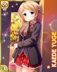 Rule 34 | 1girl, :o, against wall, blonde hair, blue eyes, blue jacket, brown coat, card, character name, coat, day, girlfriend (kari), jacket, looking down, necktie, official art, open mouth, outdoors, plaid, plaid skirt, qp:flapper, red necktie, red skirt, scarf, school uniform, shirt, skirt, solo, tagme, valentine, white shirt, winter clothes, winter coat, yuge kaede