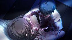 Rule 34 | 1boy, 1girl, bed, bedroom, black hair, blood, blood on clothes, blood on hands, bloody knife, blue hair, breasts, brown hair, character request, dark room, dutch angle, covered erect nipples, grand guignol no yoru, imminent murder, indoors, knife, lying, on back, short sleeves, small breasts, spread legs, tinkerbell