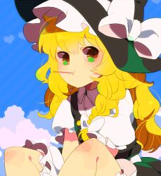 Rule 34 | between legs, black hat, blonde hair, bloomers, blush, bow, braid, brown eyes, cloud, dress, food, food in mouth, hand between legs, hat, hat bow, kirisame marisa, long hair, mirki, outdoors, pocky, pocky in mouth, puffy sleeves, sitting, sky, solo, touhou, underwear, white bloomers, witch hat
