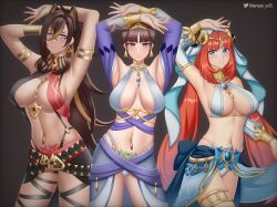 Rule 34 | 3girls, absurdres, armpits, arms up, belly dancer, blue eyes, breasts, brown eyes, brown hair, dancer outfit, dehya (genshin impact), dunyarzad (genshin impact), genshin impact, highres, large breasts, long hair, multicolored hair, multiple girls, nilou (genshin impact), npc (genshin impact), orange hair