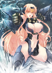 Rule 34 | 1girl, 4.211 brass knuckles, android, arm blade, armor, assault mount 3.25 sting-blades, bikini armor, blonde hair, brass knuckles, breasts, cannon, center opening, chest cannon, cleavage, gun, haganef, jaeger (pacific rim), joints, large breasts, legendary pictures, long hair, looking at viewer, mecha, mecha musume, mechanical arms, missile launcher, navel, ocean, open mouth, orange eyes, pacific rim, pan pacific defense corps, personification, rain, revealing clothes, ringed eyes, robot, robot joints, rocket launcher, solo, striker eureka, sword, thighhighs, underboob, very long hair, water, weapon, wmb2x90 anti-kaiju missile launcher, wrist blades