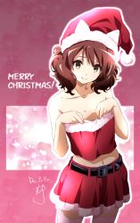 Rule 34 | 1girl, 3:, bare arms, bare shoulders, belt, belt buckle, blush, bobblehat, brown eyes, brown hair, buckle, closed mouth, collarbone, cowboy shot, dated, embarrassed, flat chest, frown, fur-trimmed headwear, fur-trimmed skirt, fur trim, hat, hibike! euphonium, highres, looking at viewer, merry christmas, miniskirt, navel, nii manabu, oumae kumiko, pink background, pink thighhighs, red hat, red skirt, santa costume, santa hat, short hair, signature, skirt, solo, strapless, thighhighs, zettai ryouiki