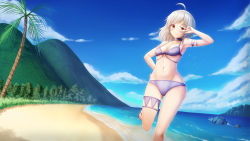 Rule 34 | 1girl, ahoge, arm up, bare arms, bare shoulders, beach, bikini, blue sky, blush, breasts, choker, cleavage, closed mouth, cloud, collarbone, commentary, commission, day, english commentary, grey hair, groin, highres, horizon, looking at viewer, mountain, navel, ocean, original, outdoors, palm tree, prophosphere, purple bikini, purple choker, red eyes, sand, sky, small breasts, smile, solo, standing, standing on one leg, swimsuit, thigh strap, tree, v over eye, water