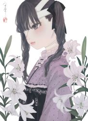 Rule 34 | 1girl, absurdres, bandage over one eye, bandaged head, bandaged neck, bandages, black hakama, black ribbon, brown eyes, brown hair, closed mouth, floral print, flower, flower request, frilled kimono, frills, from side, hair ribbon, hakama, hakama skirt, highres, japanese clothes, kimono, lace, lace-trimmed kimono, lace trim, lily (flower), long hair, looking away, medibang paint (medium), one eye covered, original, polka dot, polka dot kimono, purple kimono, ribbon, rose print, seal impression, signature, simple background, skirt, solo, standing, twintails, upper body, ushiyama ame, white background, white flower