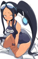 Rule 34 | 1girl, black hair, blue one-piece swimsuit, blush, breasts, brown eyes, closed mouth, clothes writing, competition swimsuit, goggles, goggles on head, highres, indian style, jellcaps, long hair, looking to the side, medium breasts, mouth hold, one-piece swimsuit, original, pika (jellcaps), revision, school swimsuit, sidelocks, simple background, sitting, solo, swimsuit, tan, tanline, twintails, very long hair, white background