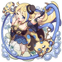 Rule 34 | 1girl, ;o, air bubble, anchor, arm up, armpits, bare shoulders, blonde hair, blue-ringed octopus, blue eyes, blue footwear, blue hair, blue outline, blush, breasts, brown dress, bubble, collarbone, commentary request, coral reef, detached sleeves, dress, fang, floating hair, from above, full body, halter dress, halterneck, hand up, hat, highres, holding, holding whip, jewelry, large breasts, long hair, looking at viewer, mini hat, mini top hat, multicolored hair, one eye closed, open mouth, original, outline, personification, ryofuhiko, see-through, shoes, short eyebrows, skin fang, solo, standing, star (symbol), streaked hair, suction cups, tentacles, thick eyebrows, top hat, very long hair, weapon, whip, white background