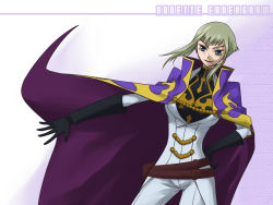 Rule 34 | 1girl, belt, blue eyes, breasts, cape, code geass, code geass: lost colors, female focus, gloves, gradient background, hands on own hips, joe-k, knights of the round, long hair, military, military uniform, nonette enneagram, silver hair, solo, uniform