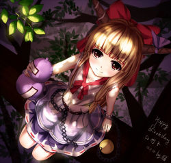 Rule 34 | 1girl, belt, blonde hair, bow, chain, dappled sunlight, dated, from above, gourd, hair bow, happy birthday, horn ornament, horn ribbon, horns, ibuki suika, in tree, leaf, long hair, looking at viewer, looking up, meng xiao jiong, red eyes, ribbon, shade, shirt, sidelocks, skirt, sleeveless, sleeveless shirt, smile, solo, orb, sunlight, touhou, tree, branch, wrist cuffs